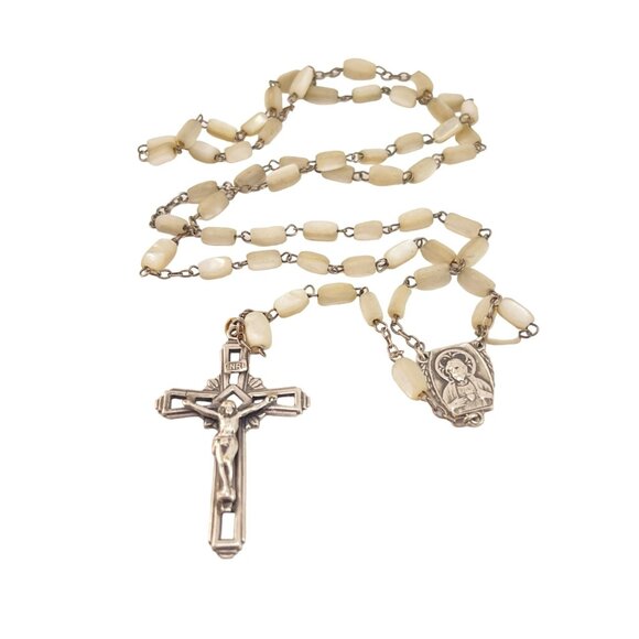 Vintage Catholic Rosary Beads With Crucifix and Virgin Mary Medal Mother of Pear - Picture 3 of 5